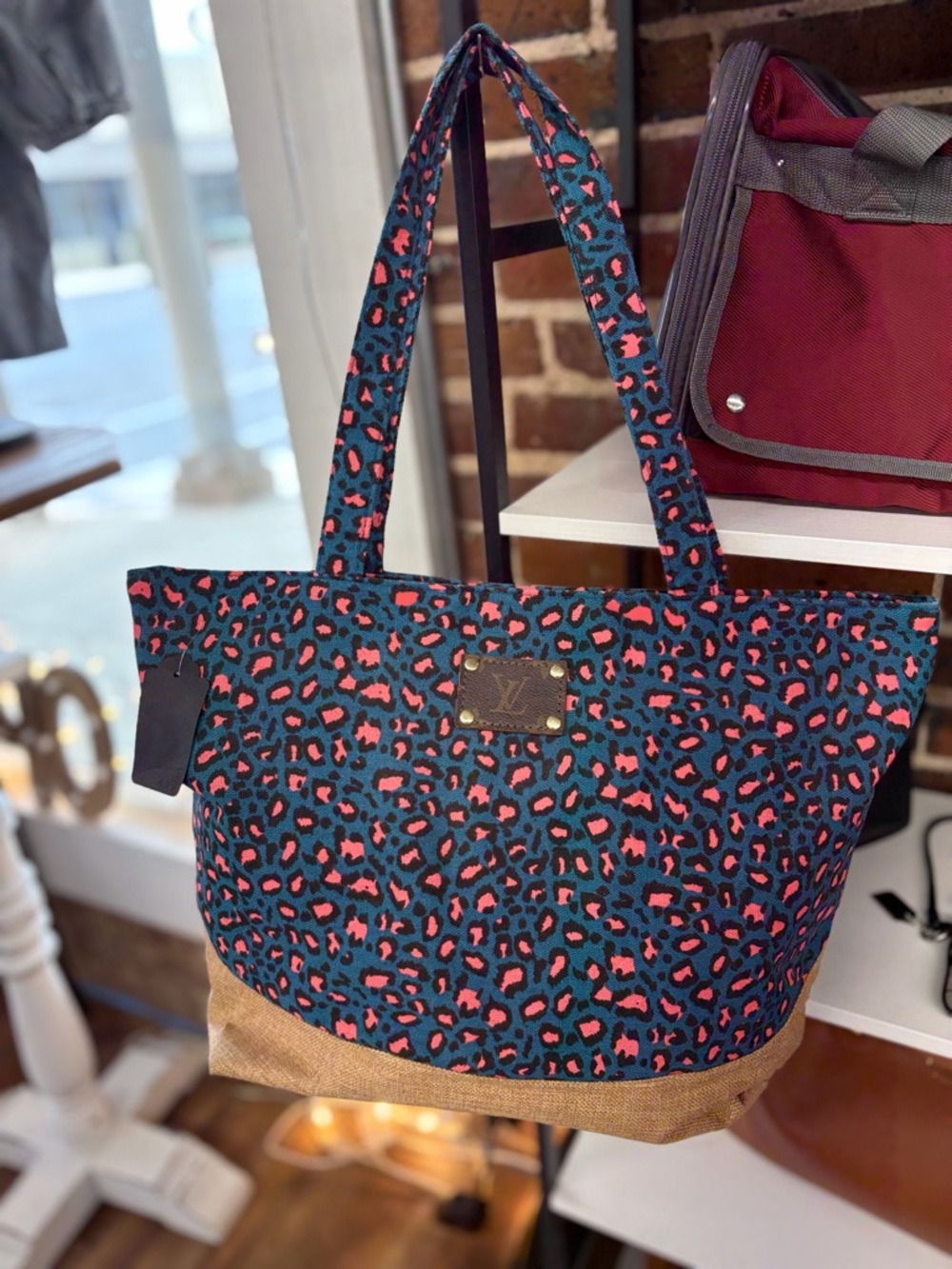 Blue and Coral Leopard Print Tote Bag with Tan Base